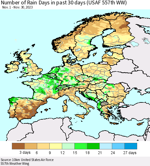 Europe Number of Rain Days in past 30 days (USAF 557th WW) 11/30/2023 Thematic Map For 11/26/2023 - 11/30/2023