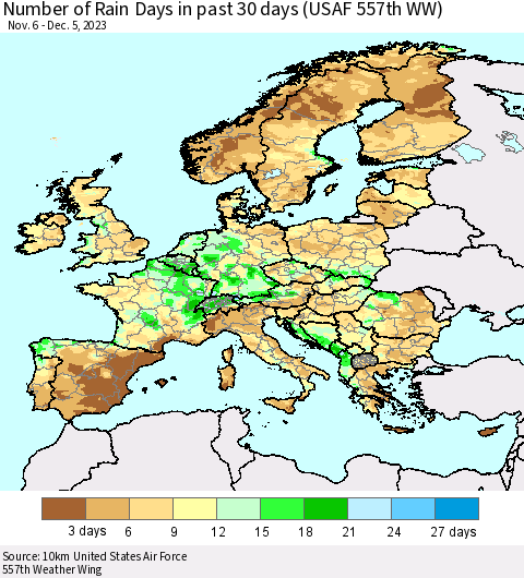 Europe Number of Rain Days in past 30 days (USAF 557th WW) 12/05/2023 Thematic Map For 12/1/2023 - 12/5/2023
