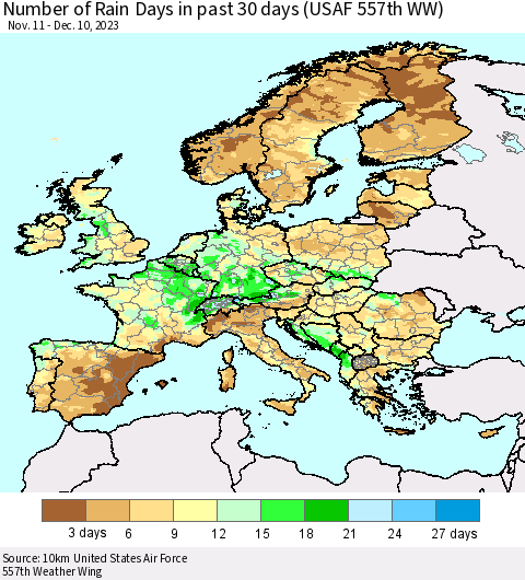 Europe Number of Rain Days in past 30 days (USAF 557th WW) 12/10/2023 Thematic Map For 12/6/2023 - 12/10/2023