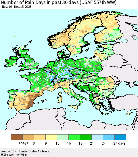 Europe Number of Rain Days in past 30 days (USAF 557th WW) 12/15/2023 Thematic Map For 12/11/2023 - 12/15/2023