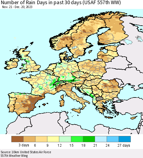 Europe Number of Rain Days in past 30 days (USAF 557th WW) 12/20/2023 Thematic Map For 12/16/2023 - 12/20/2023