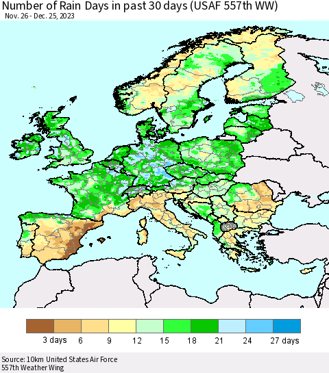 Europe Number of Rain Days in past 30 days (USAF 557th WW) 12/25/2023 Thematic Map For 12/21/2023 - 12/25/2023