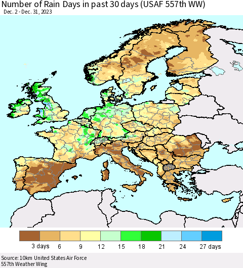 Europe Number of Rain Days in past 30 days (USAF 557th WW) 12/31/2023 Thematic Map For 12/26/2023 - 12/31/2023