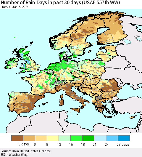 Europe Number of Rain Days in past 30 days (USAF 557th WW) 01/05/2024 Thematic Map For 1/1/2024 - 1/5/2024