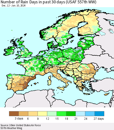 Europe Number of Rain Days in past 30 days (USAF 557th WW) 01/10/2024 Thematic Map For 1/6/2024 - 1/10/2024