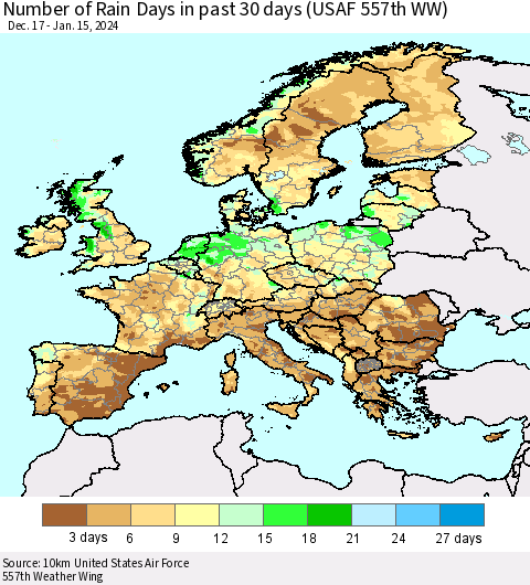 Europe Number of Rain Days in past 30 days (USAF 557th WW) 01/15/2024 Thematic Map For 1/11/2024 - 1/15/2024