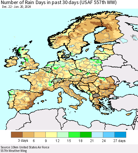 Europe Number of Rain Days in past 30 days (USAF 557th WW) 01/20/2024 Thematic Map For 1/16/2024 - 1/20/2024