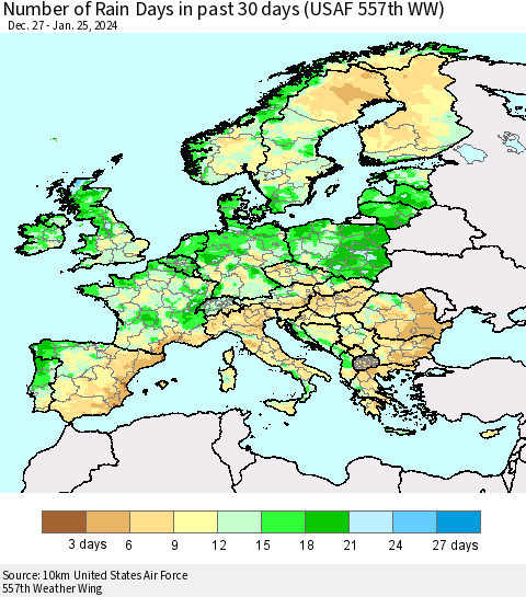 Europe Number of Rain Days in past 30 days (USAF 557th WW) 01/25/2024 Thematic Map For 1/21/2024 - 1/25/2024