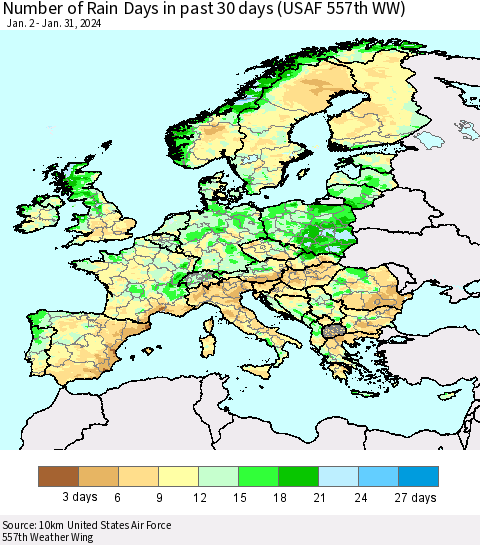 Europe Number of Rain Days in past 30 days (USAF 557th WW) 01/31/2024 Thematic Map For 1/26/2024 - 1/31/2024