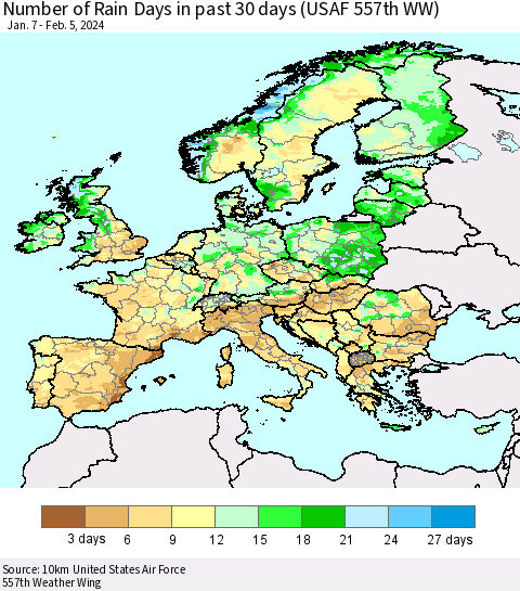 Europe Number of Rain Days in past 30 days (USAF 557th WW) 02/05/2024 Thematic Map For 2/1/2024 - 2/5/2024