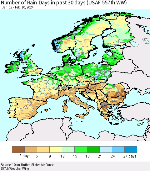 Europe Number of Rain Days in past 30 days (USAF 557th WW) 02/10/2024 Thematic Map For 2/6/2024 - 2/10/2024