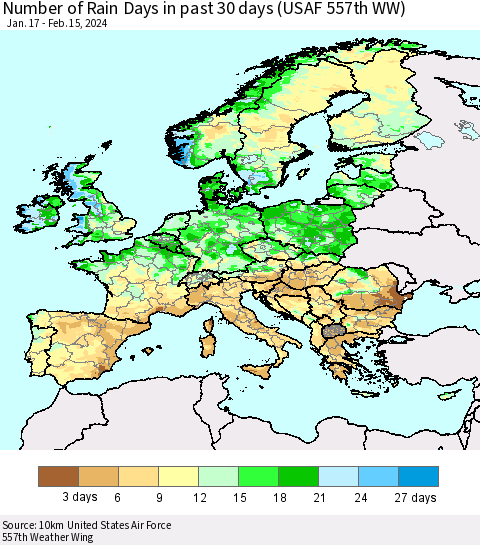 Europe Number of Rain Days in past 30 days (USAF 557th WW) 02/15/2024 Thematic Map For 2/11/2024 - 2/15/2024