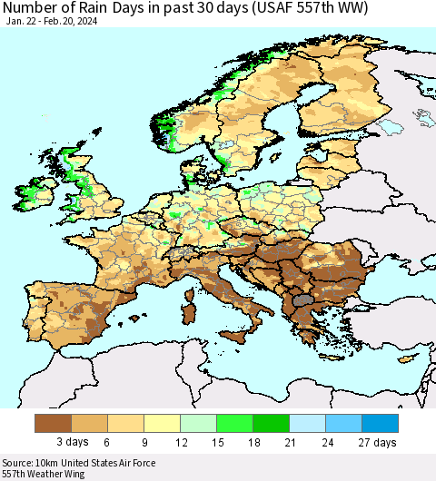 Europe Number of Rain Days in past 30 days (USAF 557th WW) 02/20/2024 Thematic Map For 2/16/2024 - 2/20/2024