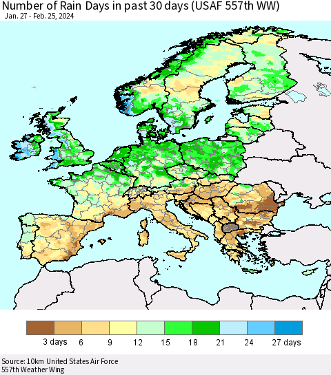 Europe Number of Rain Days in past 30 days (USAF 557th WW) 02/25/2024 Thematic Map For 2/21/2024 - 2/25/2024