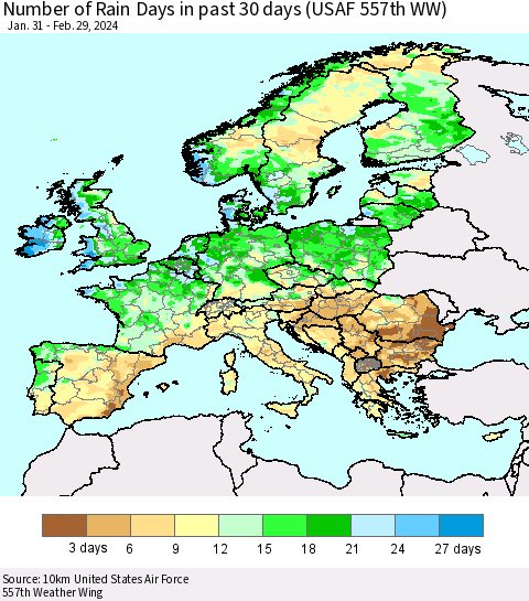 Europe Number of Rain Days in past 30 days (USAF 557th WW) 02/29/2024 Thematic Map For 2/26/2024 - 2/29/2024