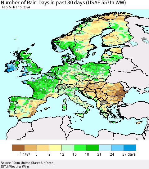 Europe Number of Rain Days in past 30 days (USAF 557th WW) 03/05/2024 Thematic Map For 3/1/2024 - 3/5/2024