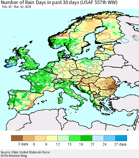 Europe Number of Rain Days in past 30 days (USAF 557th WW) 03/10/2024 Thematic Map For 3/6/2024 - 3/10/2024