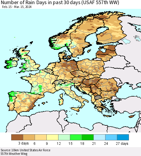 Europe Number of Rain Days in past 30 days (USAF 557th WW) 03/15/2024 Thematic Map For 3/11/2024 - 3/15/2024