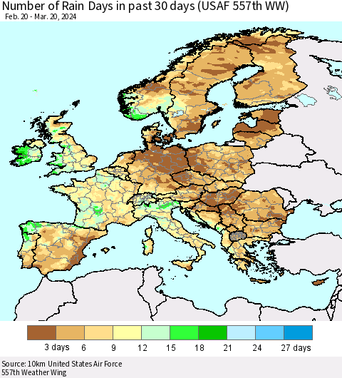 Europe Number of Rain Days in past 30 days (USAF 557th WW) 03/20/2024 Thematic Map For 3/16/2024 - 3/20/2024