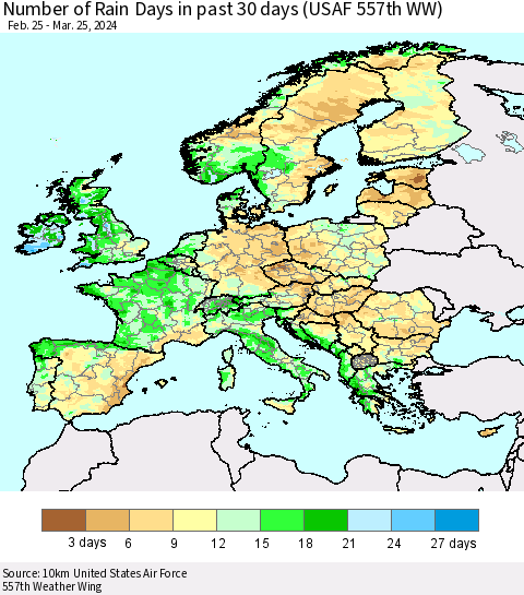Europe Number of Rain Days in past 30 days (USAF 557th WW) 03/25/2024 Thematic Map For 3/21/2024 - 3/25/2024