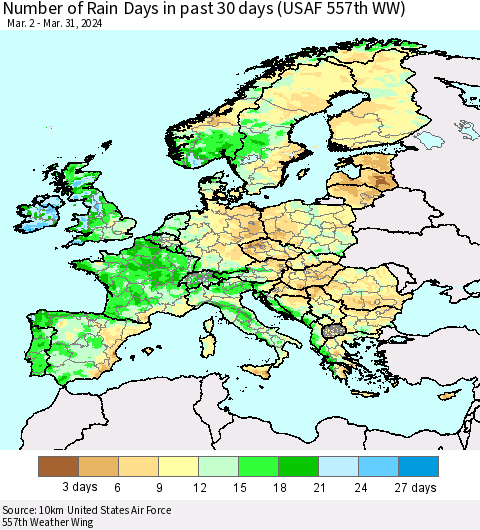 Europe Number of Rain Days in past 30 days (USAF 557th WW) 03/31/2024 Thematic Map For 3/26/2024 - 3/31/2024