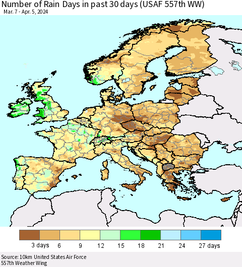 Europe Number of Rain Days in past 30 days (USAF 557th WW) 04/05/2024 Thematic Map For 4/1/2024 - 4/5/2024
