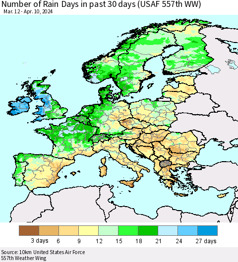 Europe Number of Rain Days in past 30 days (USAF 557th WW) 04/10/2024 Thematic Map For 4/6/2024 - 4/10/2024