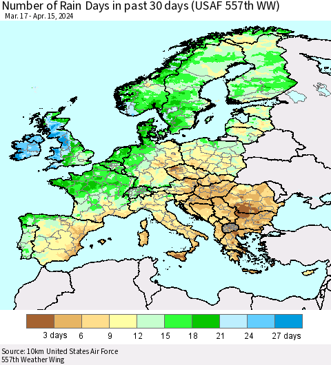 Europe Number of Rain Days in past 30 days (USAF 557th WW) 04/15/2024 Thematic Map For 4/11/2024 - 4/15/2024