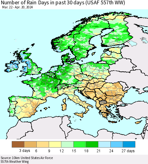 Europe Number of Rain Days in past 30 days (USAF 557th WW) 04/20/2024 Thematic Map For 4/16/2024 - 4/20/2024