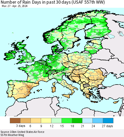 Europe Number of Rain Days in past 30 days (USAF 557th WW) 04/25/2024 Thematic Map For 4/21/2024 - 4/25/2024