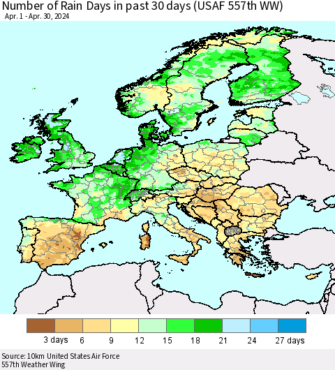 Europe Number of Rain Days in past 30 days (USAF 557th WW) 04/30/2024 Thematic Map For 4/26/2024 - 4/30/2024