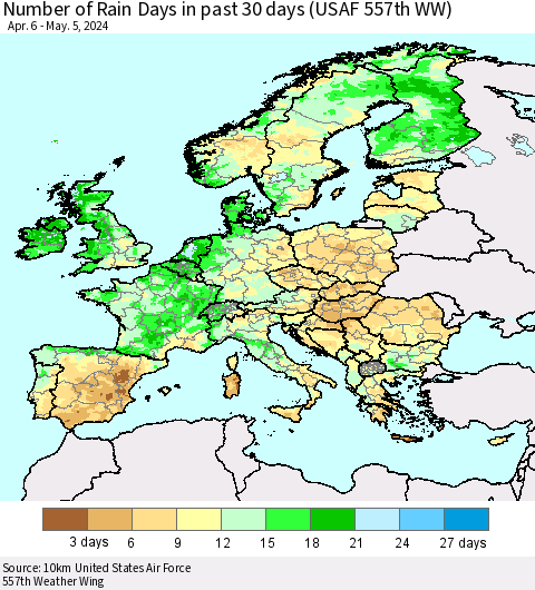 Europe Number of Rain Days in past 30 days (USAF 557th WW) 05/05/2024 Thematic Map For 5/1/2024 - 5/5/2024