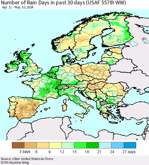 Europe Number of Rain Days in past 30 days (USAF 557th WW) 05/10/2024 Thematic Map For 5/6/2024 - 5/10/2024