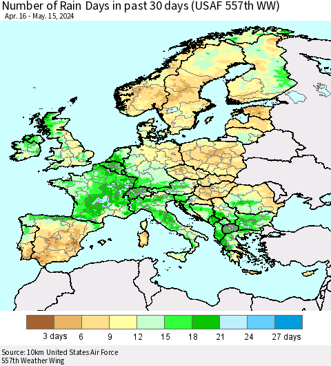 Europe Number of Rain Days in past 30 days (USAF 557th WW) 05/15/2024 Thematic Map For 5/11/2024 - 5/15/2024