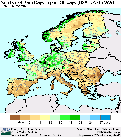Europe Number of Rain Days in past 30 days (USAF 557th WW) 03/22/2020 Thematic Map For 3/16/2020 - 3/22/2020