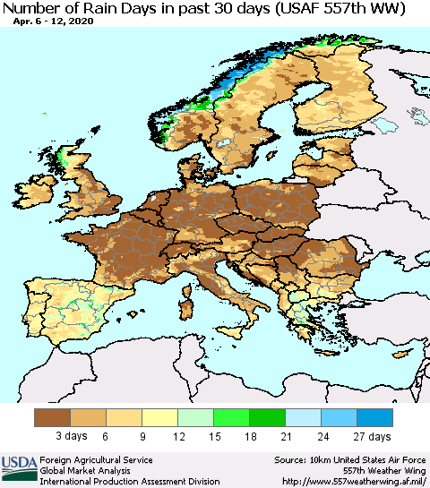 Europe Number of Rain Days in past 30 days (USAF 557th WW) 04/12/2020 Thematic Map For 4/6/2020 - 4/12/2020