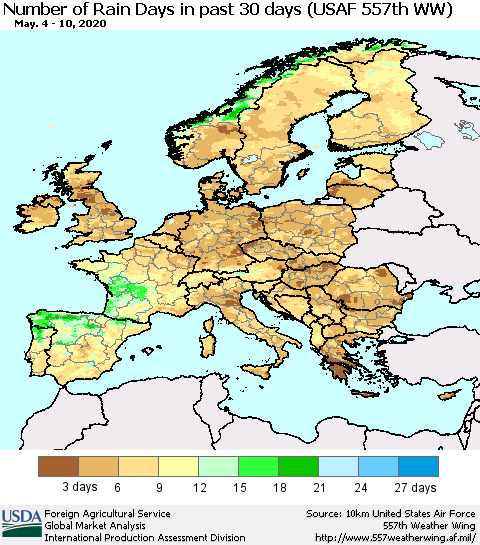 Europe Number of Rain Days in past 30 days (USAF 557th WW) 05/10/2020 Thematic Map For 5/4/2020 - 5/10/2020