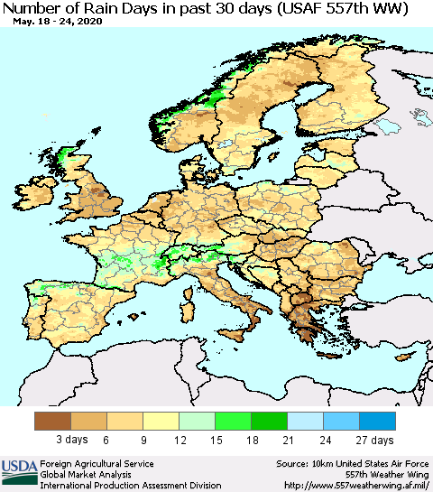 Europe Number of Rain Days in past 30 days (USAF 557th WW) 05/24/2020 Thematic Map For 5/18/2020 - 5/24/2020