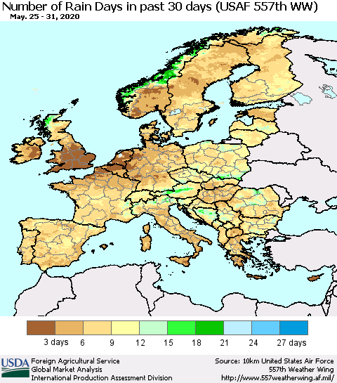 Europe Number of Rain Days in past 30 days (USAF 557th WW) 05/31/2020 Thematic Map For 5/25/2020 - 5/31/2020