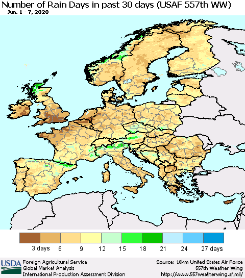 Europe Number of Rain Days in past 30 days (USAF 557th WW) 06/07/2020 Thematic Map For 6/1/2020 - 6/7/2020
