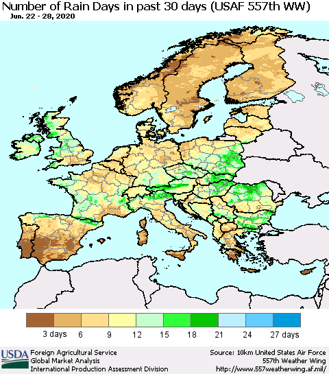 Europe Number of Rain Days in past 30 days (USAF 557th WW) 06/28/2020 Thematic Map For 6/22/2020 - 6/28/2020