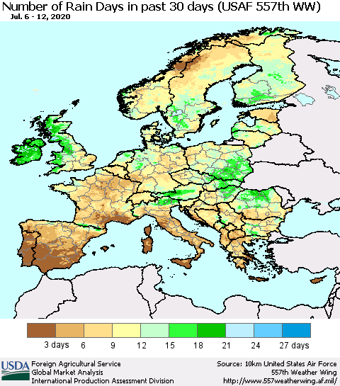 Europe Number of Rain Days in past 30 days (USAF 557th WW) 07/12/2020 Thematic Map For 7/6/2020 - 7/12/2020