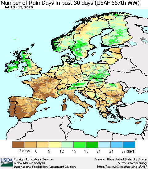 Europe Number of Rain Days in past 30 days (USAF 557th WW) 07/19/2020 Thematic Map For 7/13/2020 - 7/19/2020