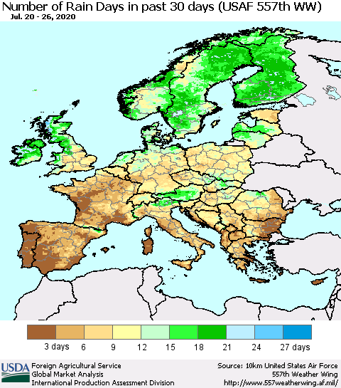 Europe Number of Rain Days in past 30 days (USAF 557th WW) 07/26/2020 Thematic Map For 7/20/2020 - 7/26/2020