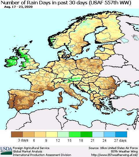 Europe Number of Rain Days in past 30 days (USAF 557th WW) 08/23/2020 Thematic Map For 8/17/2020 - 8/23/2020