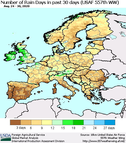 Europe Number of Rain Days in past 30 days (USAF 557th WW) 08/30/2020 Thematic Map For 8/24/2020 - 8/30/2020