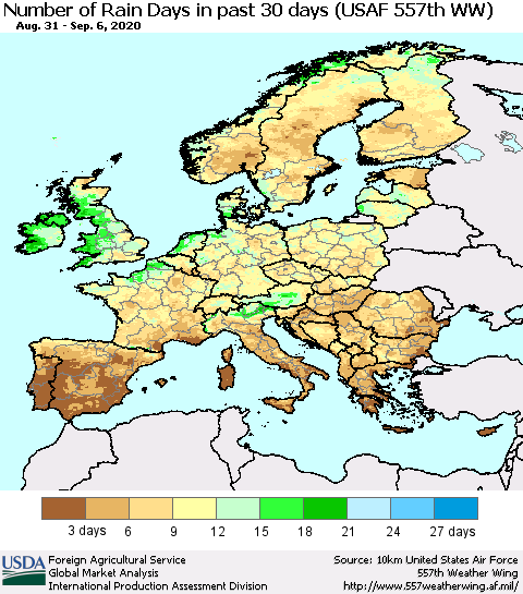 Europe Number of Rain Days in past 30 days (USAF 557th WW) 09/06/2020 Thematic Map For 8/31/2020 - 9/6/2020