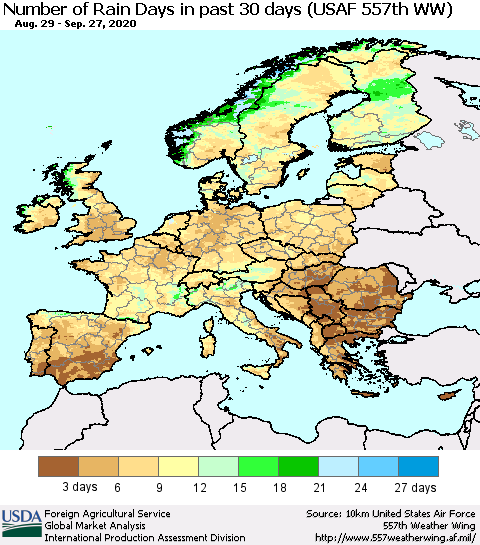 Europe Number of Rain Days in past 30 days (USAF 557th WW) 09/27/2020 Thematic Map For 9/21/2020 - 9/27/2020