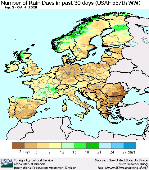 Europe Number of Rain Days in past 30 days (USAF 557th WW) 10/04/2020 Thematic Map For 9/28/2020 - 10/4/2020