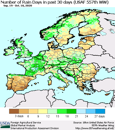 Europe Number of Rain Days in past 30 days (USAF 557th WW) 10/18/2020 Thematic Map For 10/12/2020 - 10/18/2020